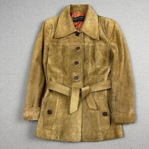 Vintage 70s Genuine Suede Belted Jacket Coat Brown Fitted Hippie Boho Sz S 9/10